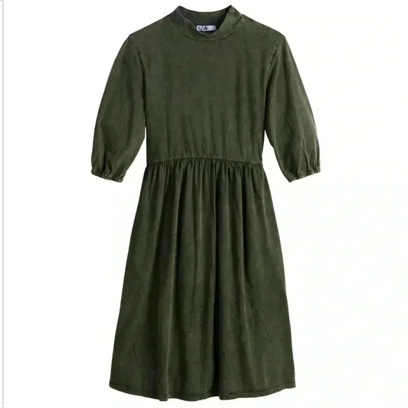 Juniors' Large Olive Green Vylette™ Puff-Sleeve Babydoll Dress pockets mockneck - Picture 1 of 11